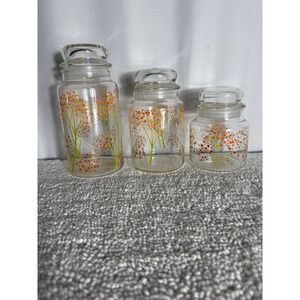 Vintage Libbey Glass Canister Set 3pc Autumn Floral‎ Orange Yellow Flower Jars